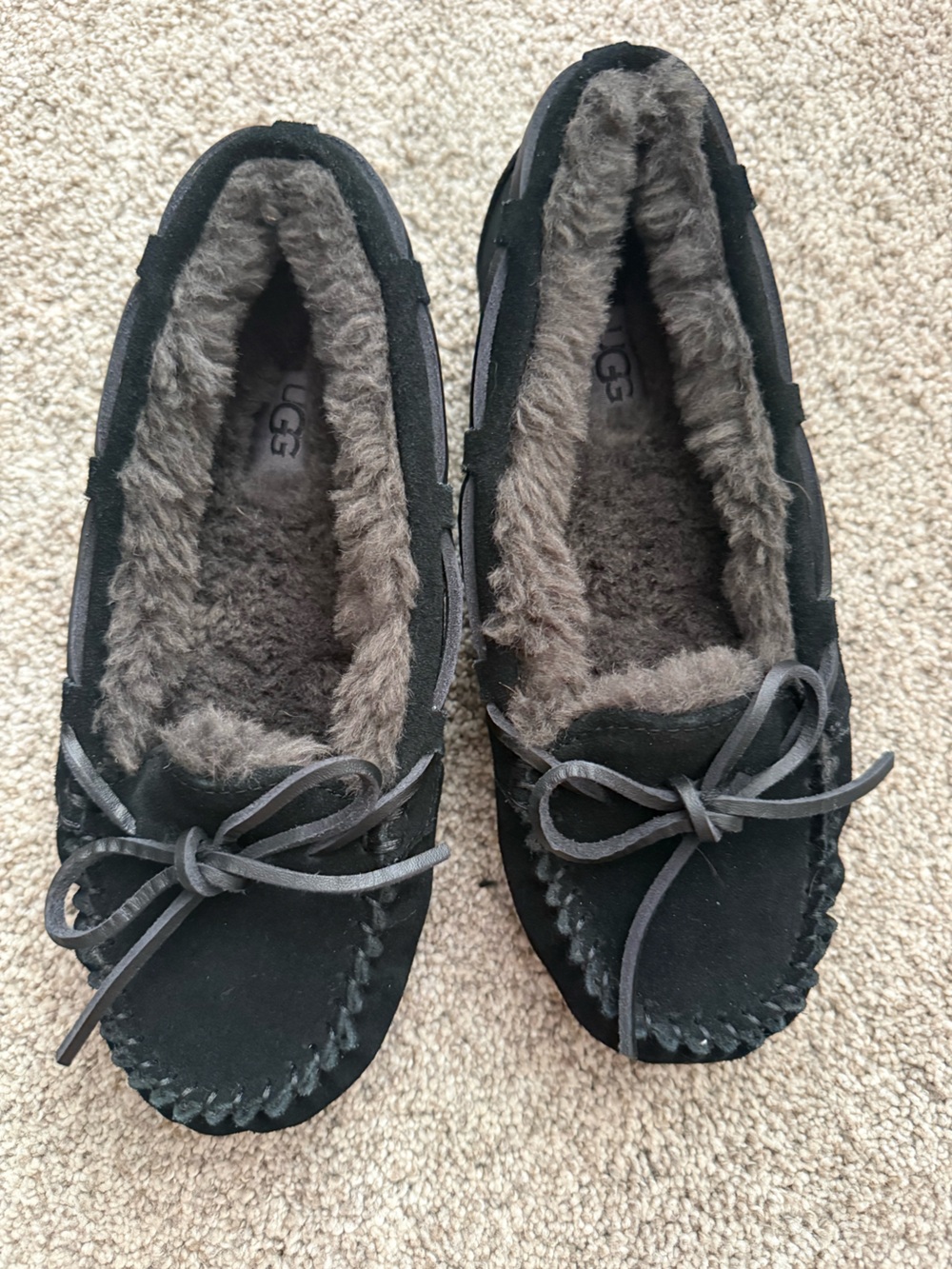 UGG Black Suede Moccasin Slippers with Gray Shearling